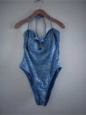Blue Bandana Printed One-Piece Padded Swimsuit with Front Tie Sz M